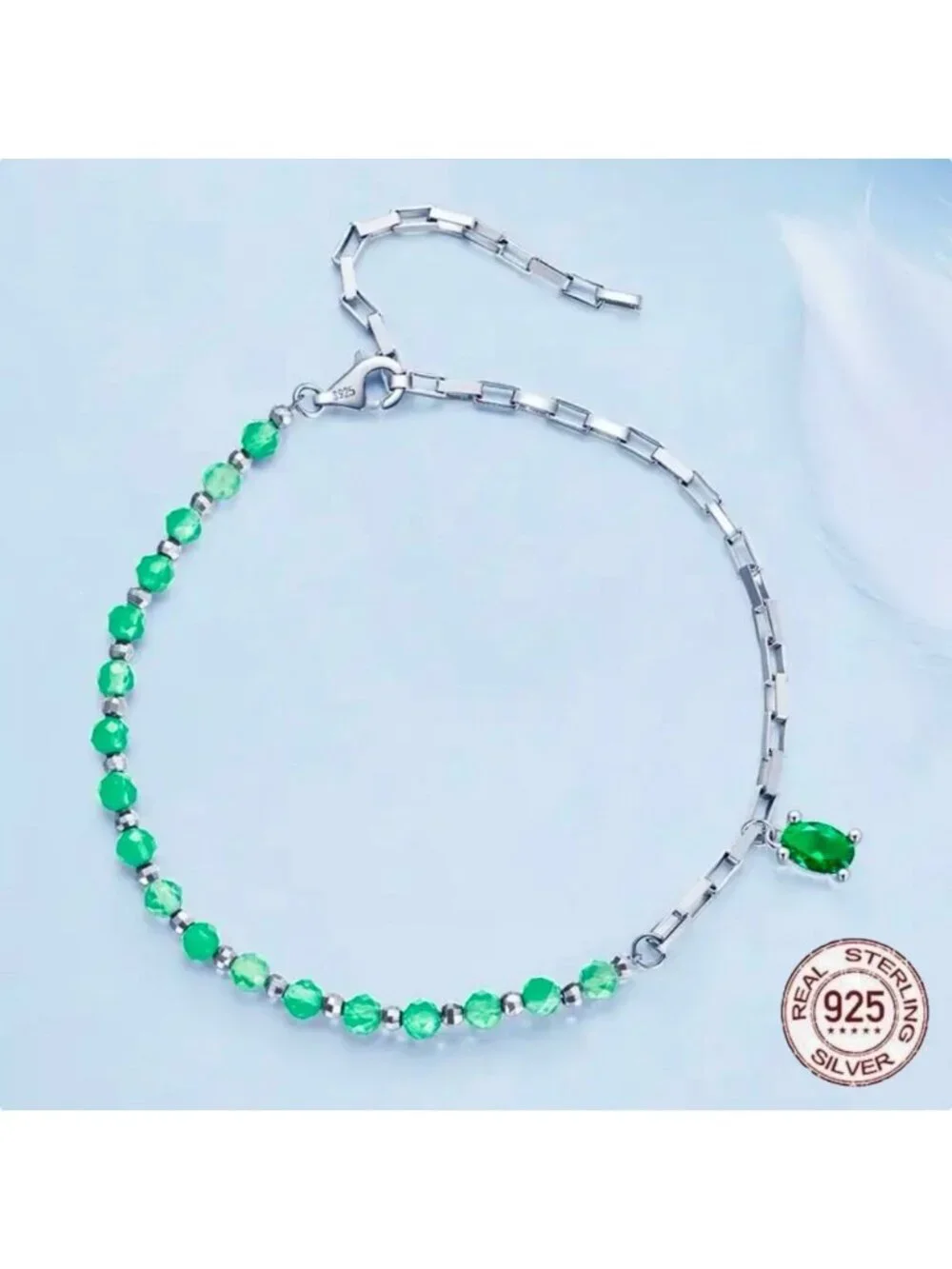 New Gem Charm Bracelet S925 Sterling Silver Green Crystal Beads Boxy Chain